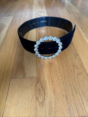 Zara Black Velvet Belt with Crystal Circle Buckle